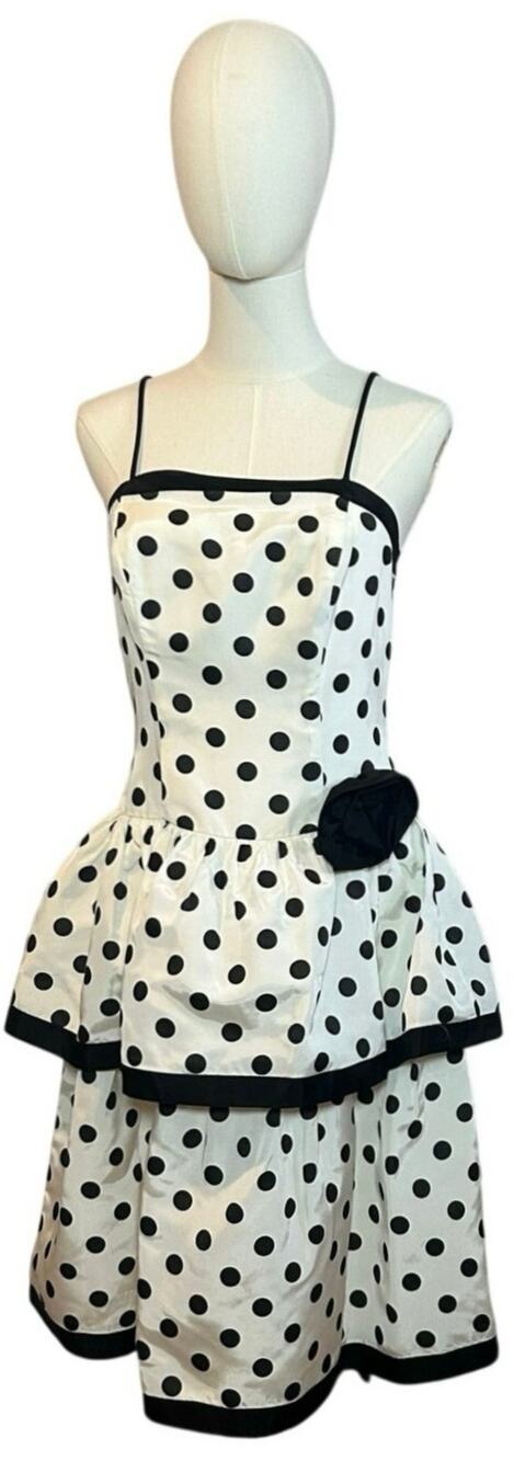 VTG 80s Stop Staring! Polka Dot B&W Medium Tiered Drop Waist Dress Rockabilly